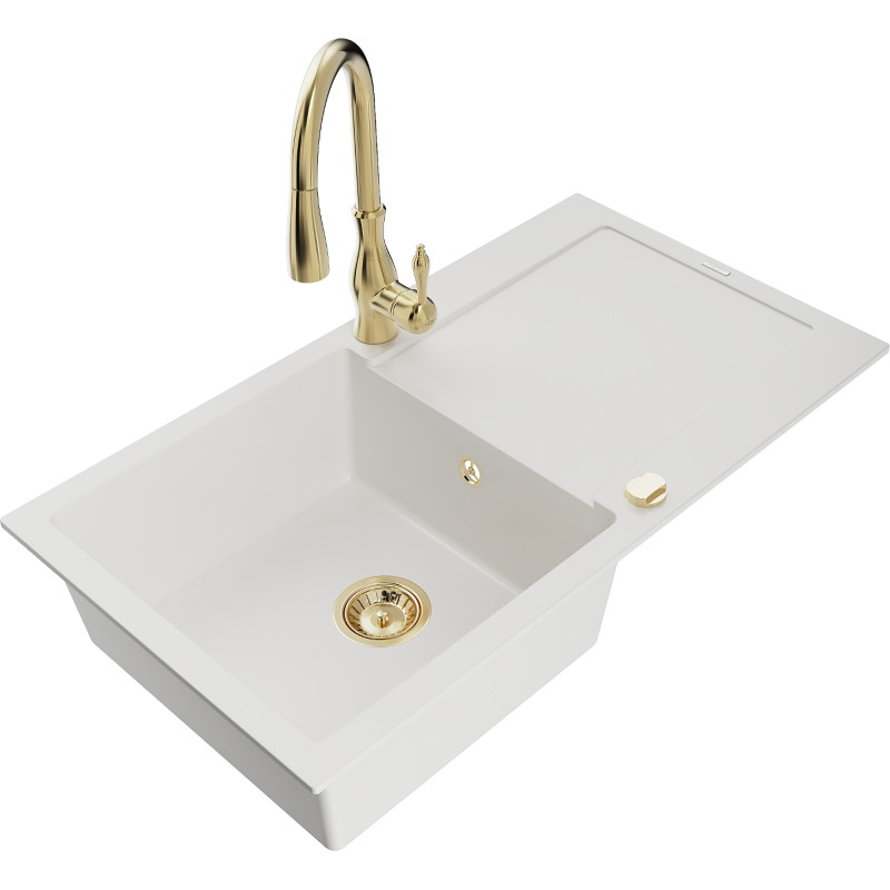 Mexen Leo granite sink 1-bowl with drainer and kitchen faucet Savita, white - 6501-20-672601-50