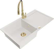 Mexen Leo 1-compartment granite sink with a drip tray and kitchen mixer tap Savita, White - 6501-20-672601-50