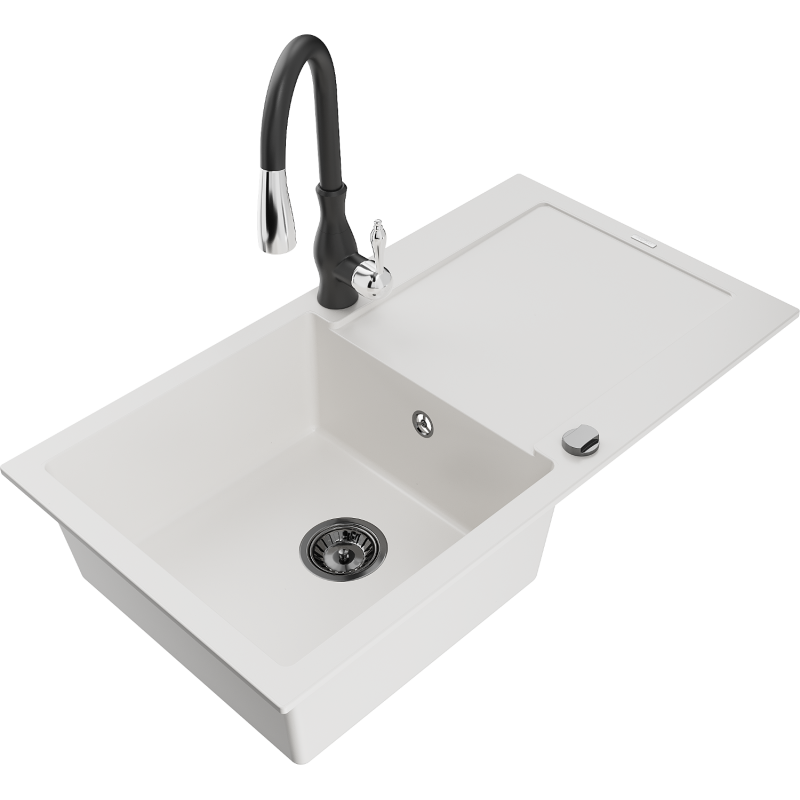 Mexen Leo granite kitchen sink 1-bowl with drainer and Savita kitchen faucet, white - 6501-20-672601-70