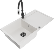 Mexen Leo 1-compartment granite sink with a drip tray and kitchen mixer tap Savita, White - 6501-20-672601-70