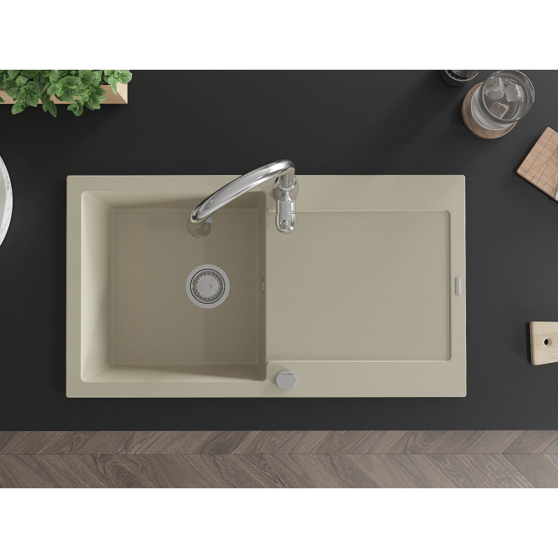 Mexen Leo granite kitchen sink 1-bowl with drainer and Savita kitchen faucet, beige - 6501-69-672601-00