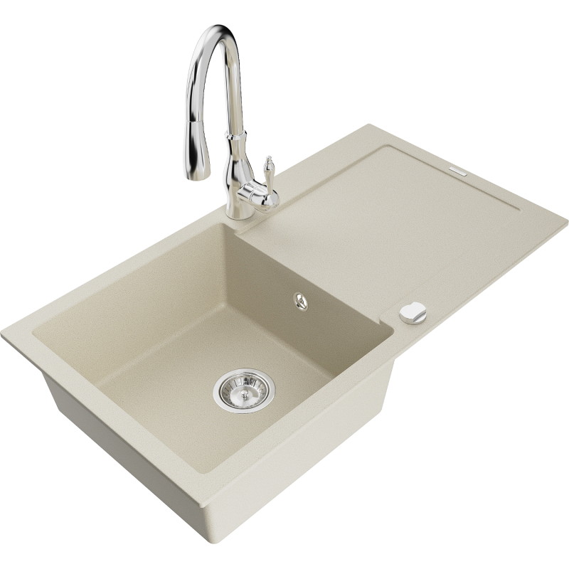 Mexen Leo 1-bowl granite kitchen sink with drainer and Savita kitchen faucet, beige - 6501-69-672601-00