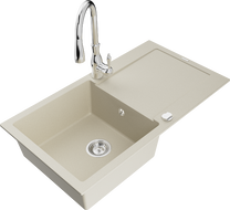 Mexen Leo 1-bowl granite kitchen sink with drainer and Savita kitchen faucet, beige - 6501-69-672601-00