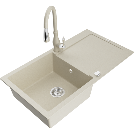 Mexen Leo 1-compartment granite sink with a drip tray and kitchen mixer tap Savita, Beige - 6501-69-672601-69