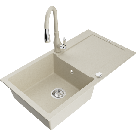 Mexen Leo Savita beige granite kitchen sink with one bowl, drainer, and faucet - 6501-69-672601-69