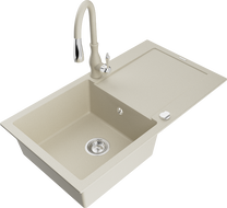 Mexen Leo Savita beige granite kitchen sink with one bowl, drainer, and faucet - 6501-69-672601-69