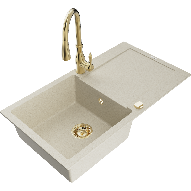 Mexen Leo 1-compartment granite sink with a drip tray and kitchen mixer tap Savita, Beige - 6501-69-672601-50