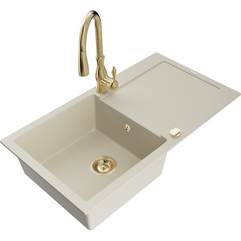 Mexen Leo granite kitchen sink 1-bowl with drainer and Savita kitchen faucet, beige - 6501-69-672601-50