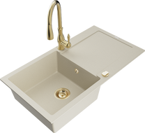 Mexen Leo 1-compartment granite sink with a drip tray and kitchen mixer tap Savita, Beige - 6501-69-672601-50