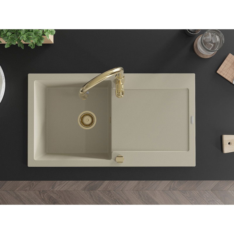 Mexen Leo granite sink 1-bowl with drainer and Savita kitchen tap, beige - 6501-69-672601-50