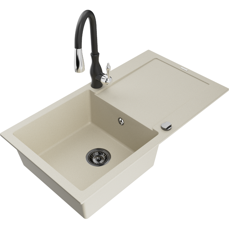 Mexen Leo granite kitchen sink 1-bowl with drainer and Savita kitchen faucet, beige - 6501-69-672601-70