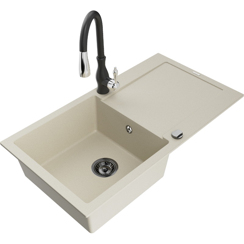 Mexen Leo granite sink 1-bowl with drainer and Savita kitchen faucet, beige - 6501-69-672601-70