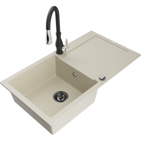 Mexen Leo 1-compartment granite sink with a drip tray and kitchen mixer tap Savita, Beige - 6501-69-672601-70