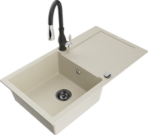 Mexen Leo granite sink 1-bowl with drainer and Savita kitchen faucet, beige - 6501-69-672601-70