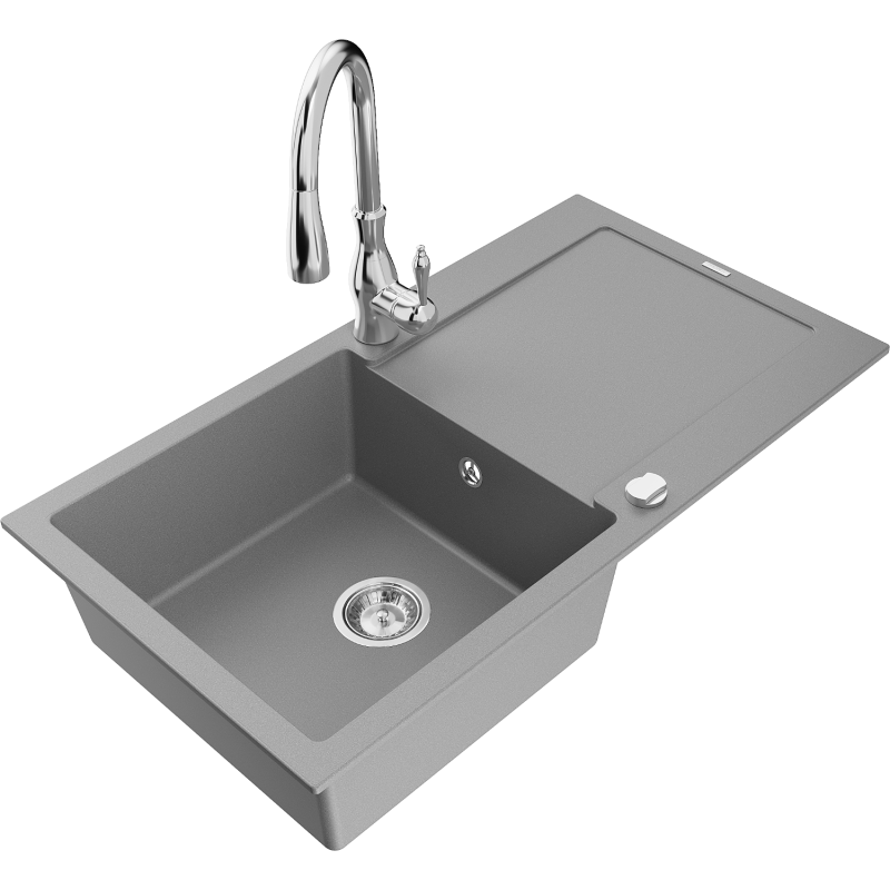 Mexen Leo 1-bowl granite sink with drainer and Savita kitchen faucet, gray - 6501-71-672601-00