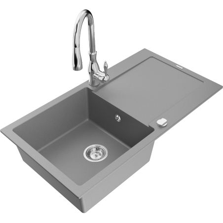 Mexen Leo 1-compartment granite sink with a drip tray and kitchen mixer tap Savita, Grey - 6501-71-672601-00