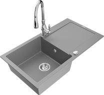 Mexen Leo 1-compartment granite sink with a drip tray and kitchen mixer tap Savita, Grey - 6501-71-672601-00