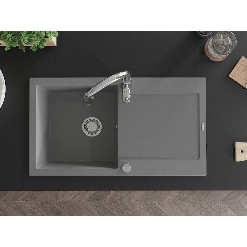 Mexen Leo 1-bowl granite sink with drainer and Savita kitchen tap, grey - 6501-71-672601-00