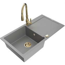 Mexen Leo 1-compartment granite sink with a drip tray and kitchen mixer tap Savita, Grey - 6501-71-672601-50