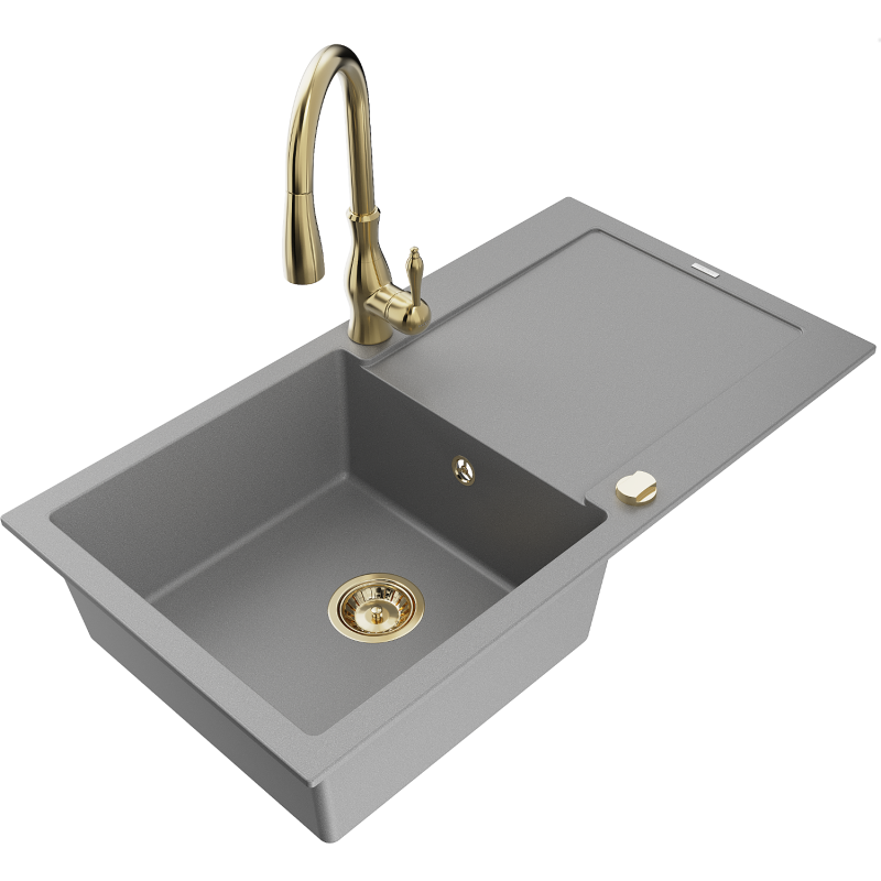 Mexen Leo 1-compartment granite sink with a drip tray and kitchen mixer tap Savita, Grey - 6501-71-672601-50