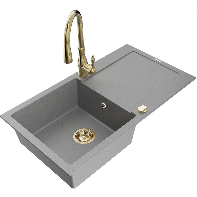 Mexen Leo Savita granite kitchen sink 1-bowl with drainer and kitchen faucet, gray - 6501-71-672601-50