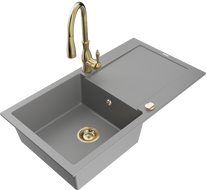 Mexen Leo 1-compartment granite sink with a drip tray and kitchen mixer tap Savita, Grey - 6501-71-672601-50