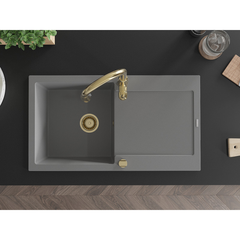 Mexen Leo granite kitchen sink 1-bowl with drainer and kitchen faucet Savita, gray - 6501-71-672601-50