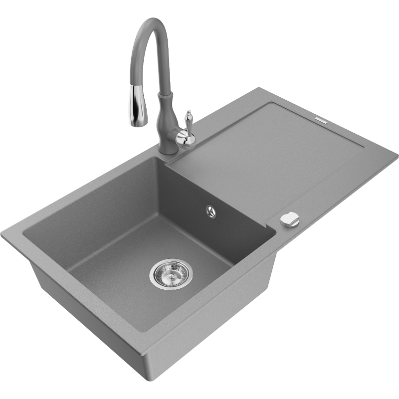 Mexen Leo granite kitchen sink 1-bowl with drainer and Savita kitchen faucet, gray - 6501-71-672601-71