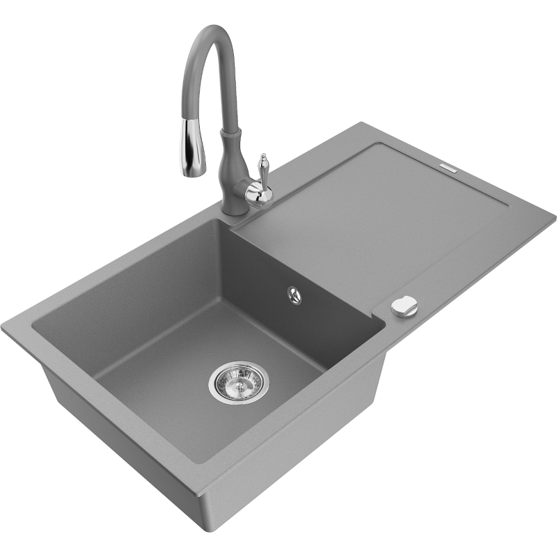 Mexen Leo granite sink 1-bowl with drainer and Savita kitchen tap, grey - 6501-71-672601-71