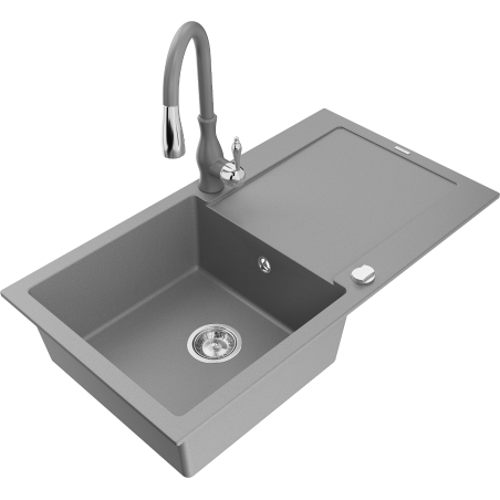 Mexen Leo granite sink 1-bowl with drainer and Savita kitchen tap, grey - 6501-71-672601-71