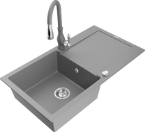 Mexen Leo granite kitchen sink 1-bowl with drainer and Savita kitchen faucet, gray - 6501-71-672601-71