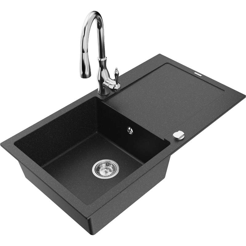 Mexen Leo 1-compartment granite sink with a drip tray and kitchen mixer tap Savita, Black/Silver metallic - 6501-73-672601-00