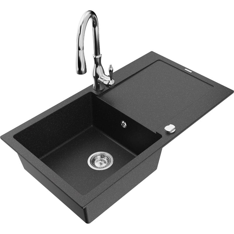 Mexen Leo granite single-bowl sink with drainer and Savita kitchen faucet, black/silver metallic - 6501-73-672601-00
