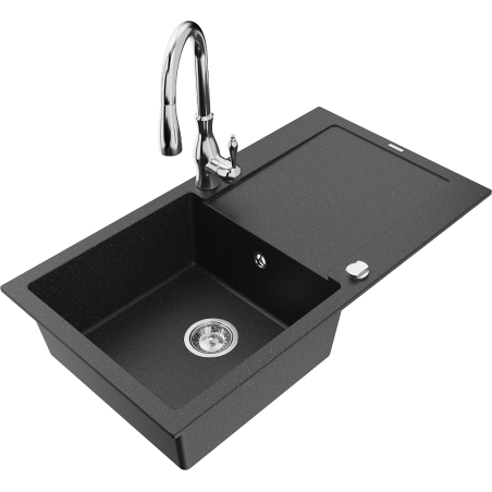 Mexen Leo 1-compartment granite sink with a drip tray and kitchen mixer tap Savita, Black/Silver metallic - 6501-73-672601-00