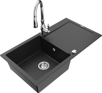 Mexen Leo granite sink 1-bowl with drainer and Savita kitchen tap, black/silver metallic - 6501-73-672601-00