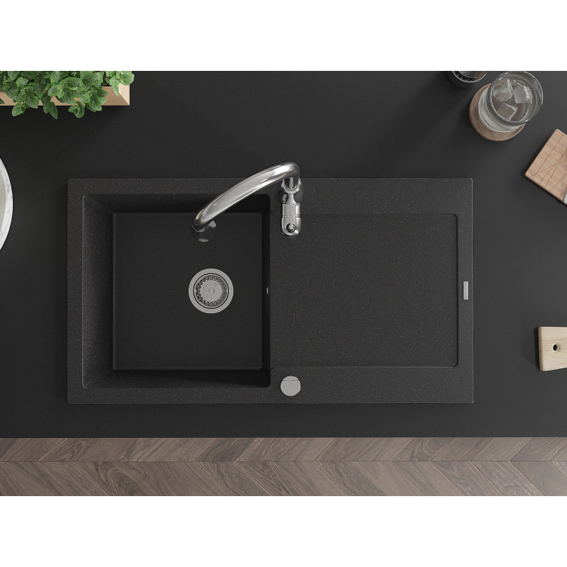 Mexen Leo 1-Bowl Granite Kitchen Sink with Drainer and Savita Faucet, Black/Silver Metallic - 6501-73-672601-00