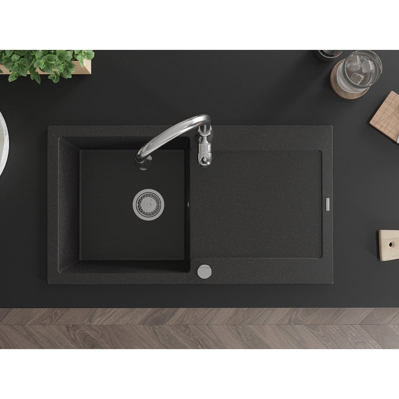 Mexen Leo granite single-bowl sink with drainer and Savita kitchen faucet, black/silver metallic - 6501-73-672601-00
