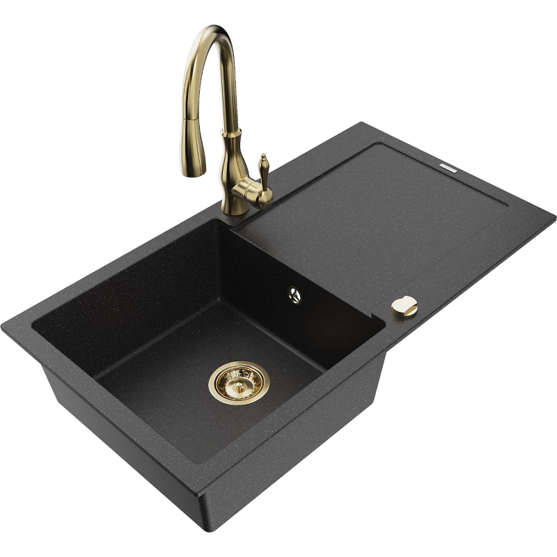 Mexen Leo granite kitchen sink 1-bowl with drainer and Savita kitchen faucet, black/silver metallic - 6501-73-672601-50