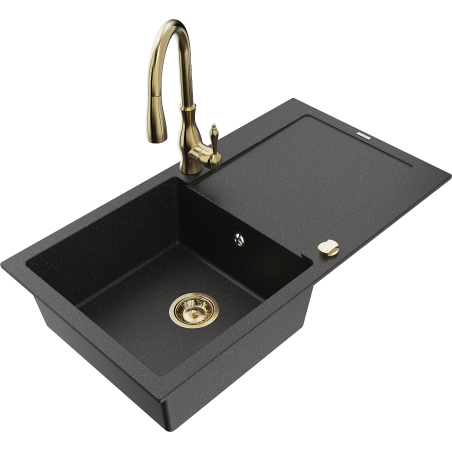 Mexen Leo granite kitchen sink 1-bowl with drainer and Savita kitchen faucet, black/silver metallic - 6501-73-672601-50