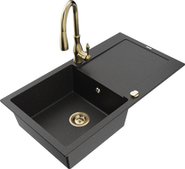 Mexen Leo granite kitchen sink 1-bowl with drainer and Savita kitchen faucet, black/silver metallic - 6501-73-672601-50