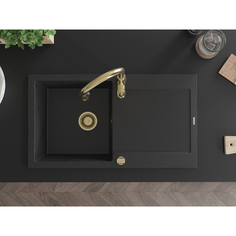 Mexen Leo granite kitchen sink 1-bowl with drainer and Savita kitchen faucet, black/silver metallic - 6501-73-672601-50