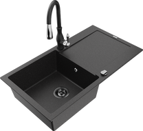 Mexen Leo granite sink 1-bowl with drainer and Savita kitchen tap, black/silver metallic - 6501-73-672601-70-B