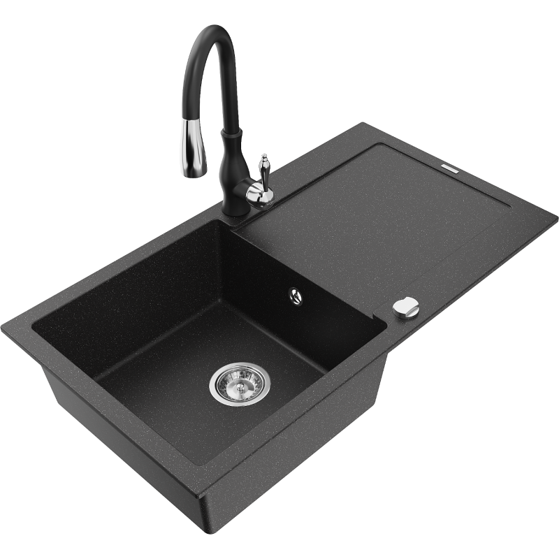 Mexen Leo 1-compartment granite sink with a drip tray and kitchen mixer tap Savita, Black/Silver metallic - 6501-73-672601-70
