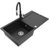 Mexen Leo granite sink single-bowl with drainer and kitchen faucet Savita, black/silver metallic - 6501-73-672601-70