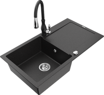 Mexen Leo granite kitchen sink 1-bowl with drainer and Savita kitchen faucet, black/silver metallic - 6501-73-672601-70