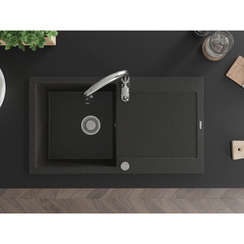 Mexen Leo granite kitchen sink 1-bowl with drainer and kitchen faucet Savita, black/gold metallic - 6501-75-672601-00