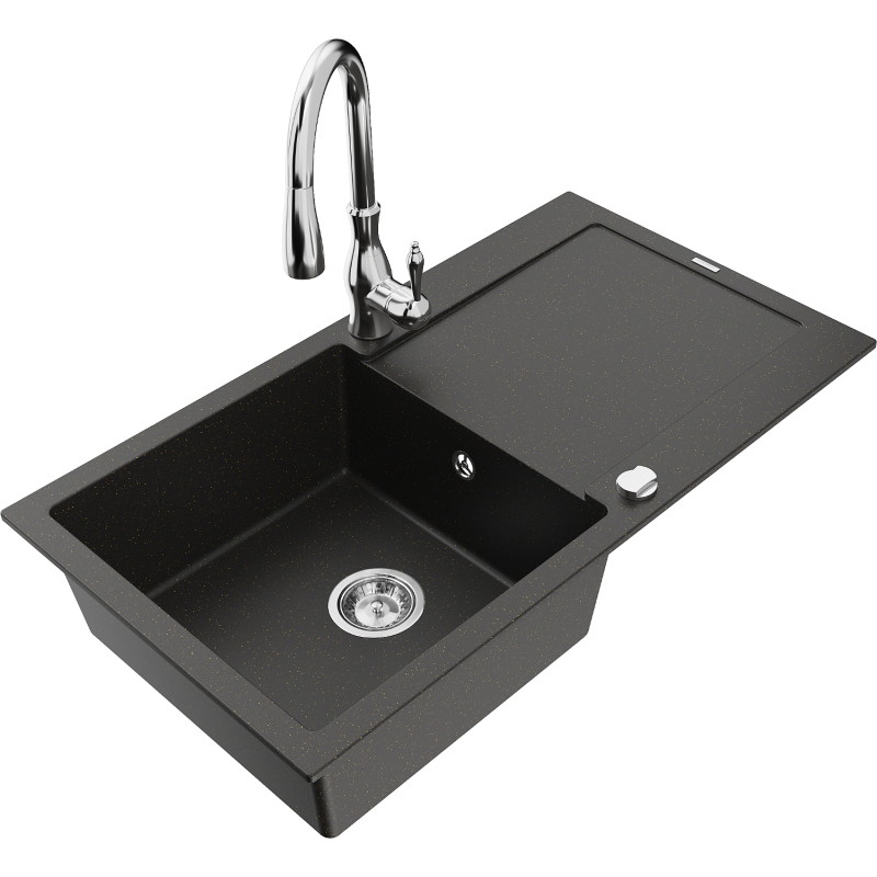 Mexen Leo 1-bowl Granite Sink with Drainer and Savita Kitchen Faucet, Black/Gold Metallic - 6501-75-672601-00