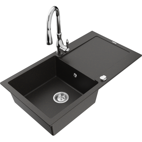 Mexen Leo granite kitchen sink 1-bowl with drainer and kitchen faucet Savita, black/gold metallic - 6501-75-672601-00