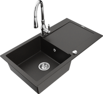 Mexen Leo 1-bowl Granite Sink with Drainer and Savita Kitchen Faucet, Black/Gold Metallic - 6501-75-672601-00