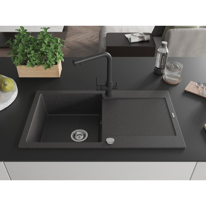Mexen Leo 1-Bowl Granite Sink with Drainer and Duero Kitchen Faucet, Speckled Black - 6501-76-671600-70